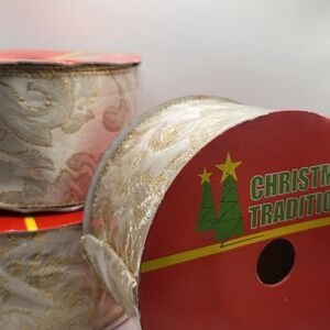 Gold Christmas Ribbon Lot of 3 Embossed Holiday Gift Wrap Tree Decor Roll